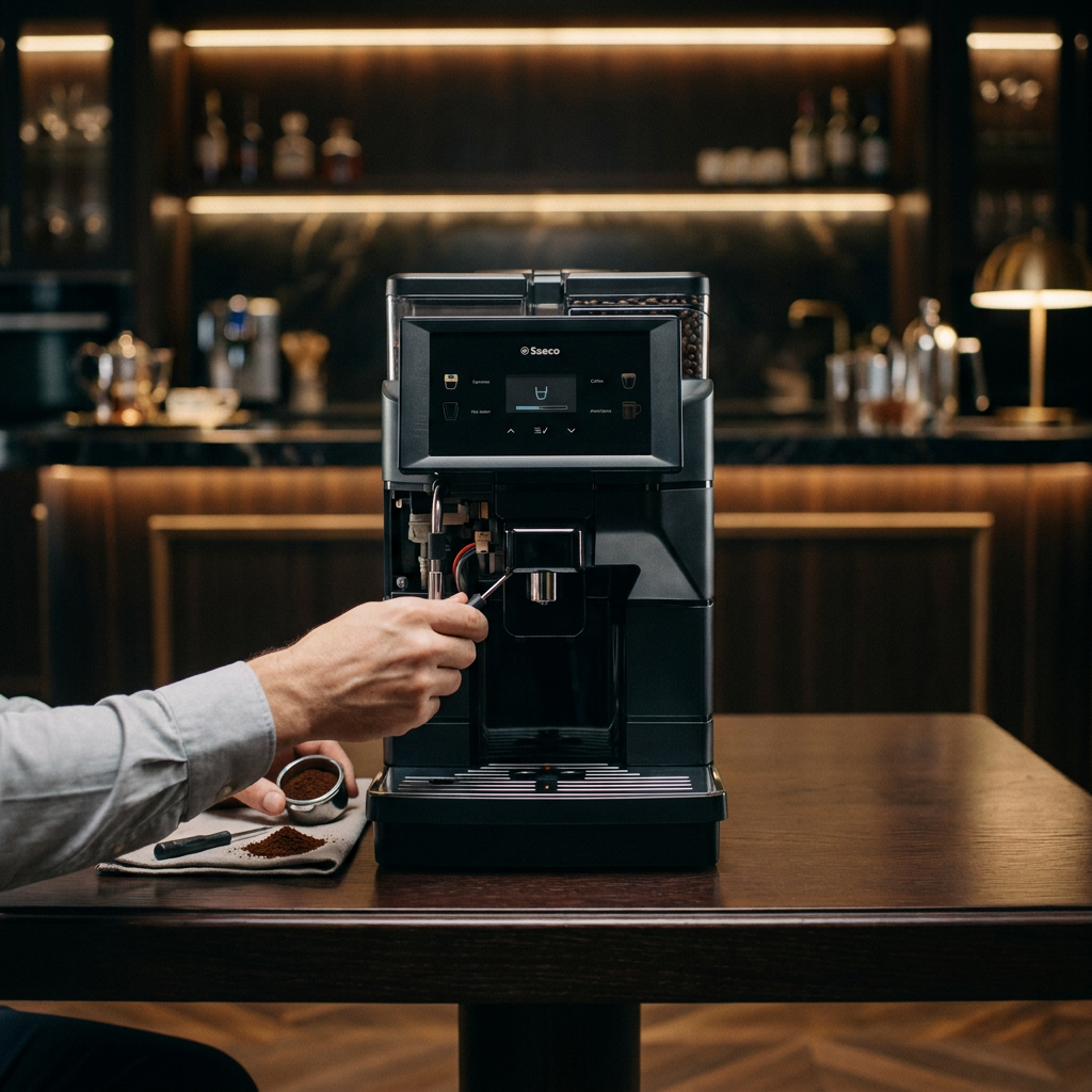 Técnico realizando manutenção em máquina de café Saeco